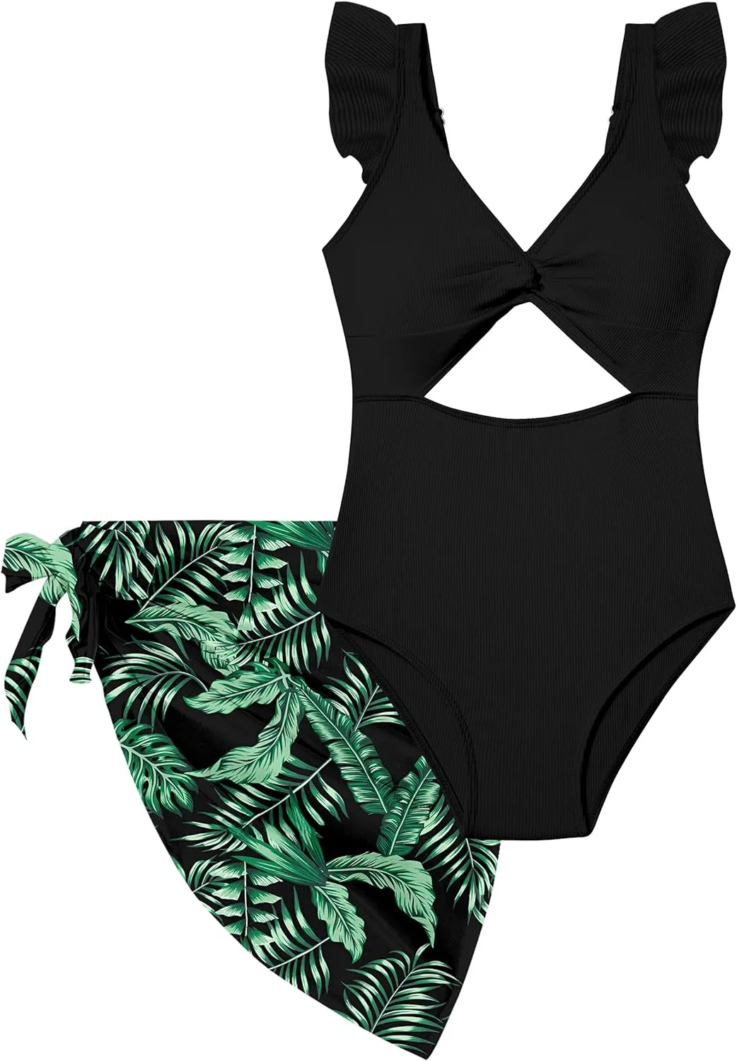 Girls One Piece Swimsuit Cut Out Ruffle Bathing Suit Twist V Neck Swimwear Solid Color with Cover Up Skirt 7-18T