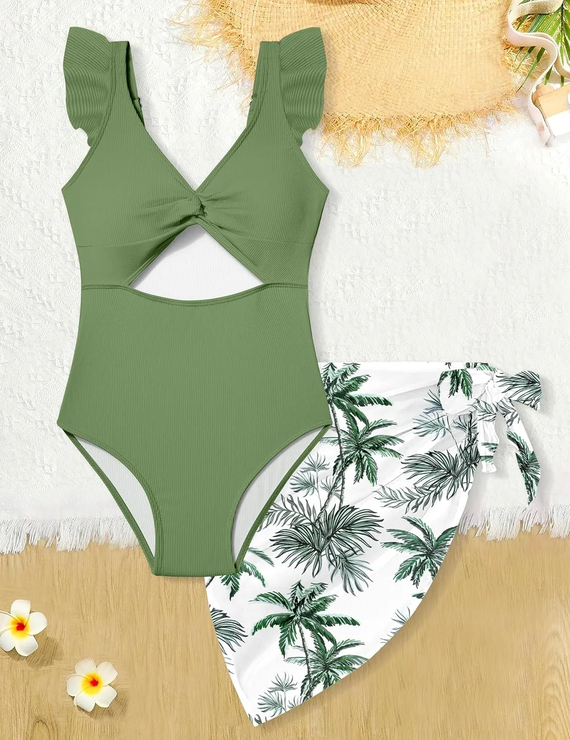 Girls One Piece Swimsuit Cut Out Ruffle Bathing Suit Twist V Neck Swimwear Solid Color with Cover Up Skirt 7-18T