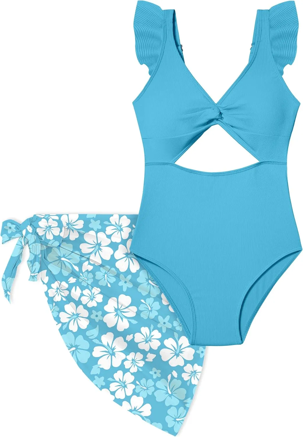 Girls One Piece Swimsuit Cut Out Ruffle Bathing Suit Twist V Neck Swimwear Solid Color with Cover Up Skirt 7-18T