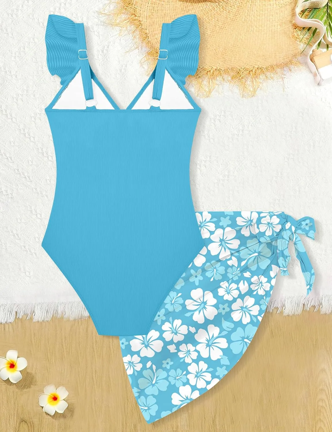 Girls One Piece Swimsuit Cut Out Ruffle Bathing Suit Twist V Neck Swimwear Solid Color with Cover Up Skirt 7-18T