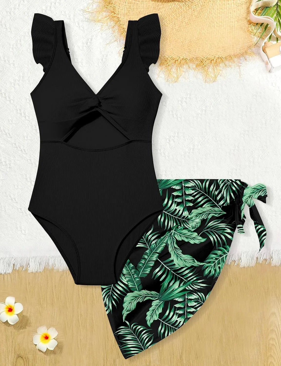 Girls One Piece Swimsuit Cut Out Ruffle Bathing Suit Twist V Neck Swimwear Solid Color with Cover Up Skirt 7-18T