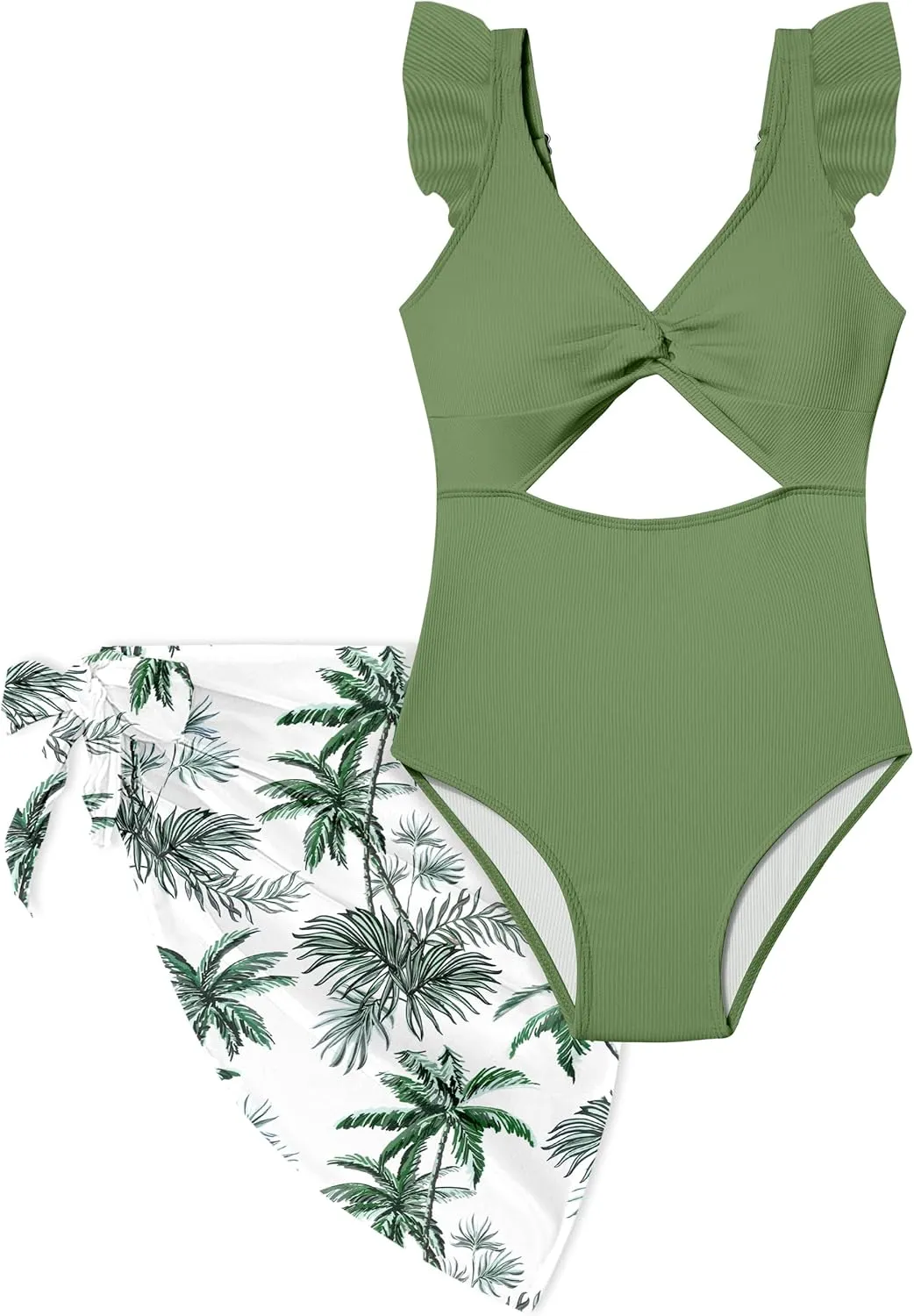Girls One Piece Swimsuit Cut Out Ruffle Bathing Suit Twist V Neck Swimwear Solid Color with Cover Up Skirt 7-18T