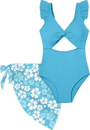 Girls One Piece Swimsuit Cut Out Ruffle Bathing Suit Twist V Neck Swimwear Solid Color with Cover Up Skirt 7-18T