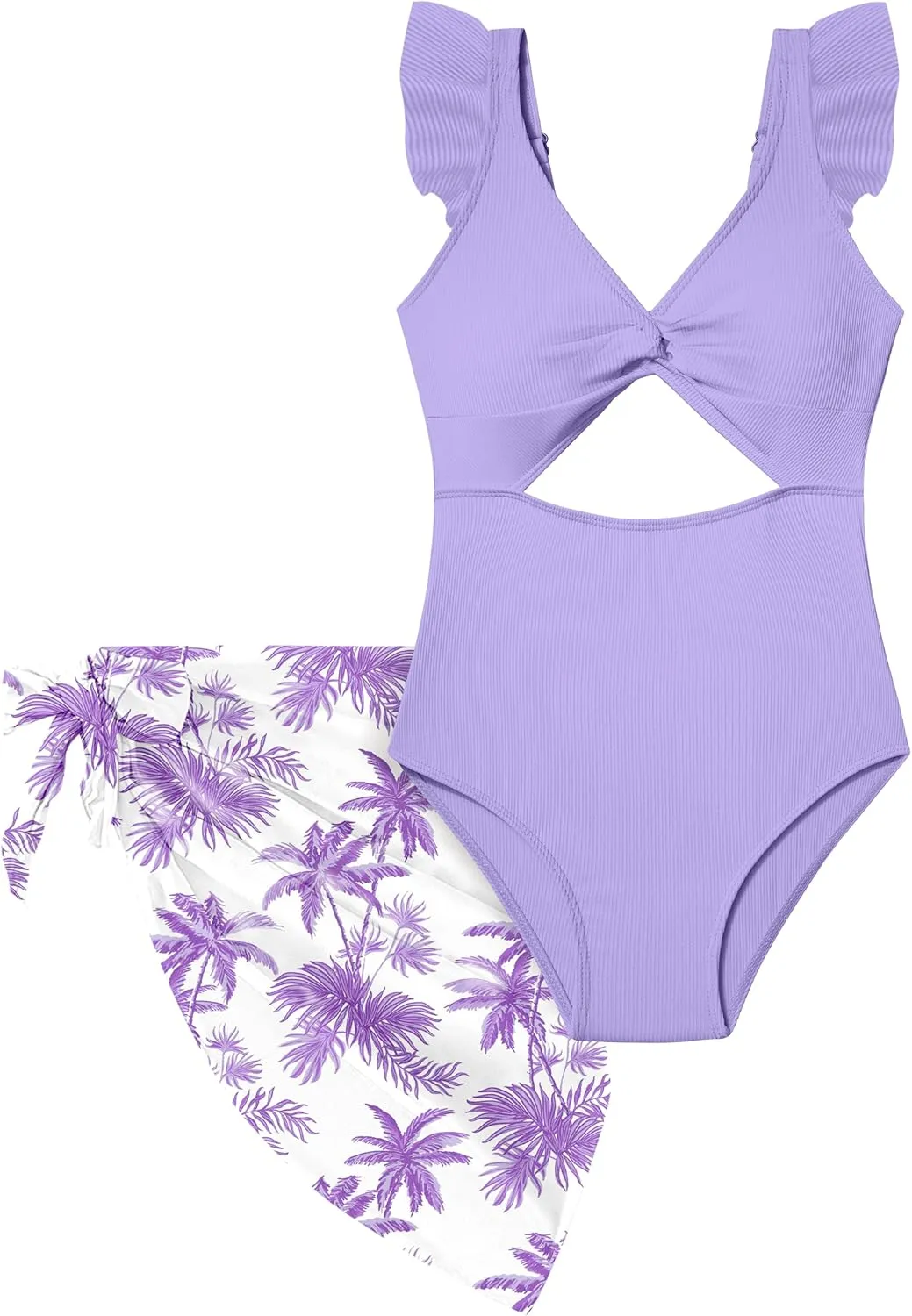 Girls One Piece Swimsuit Cut Out Ruffle Bathing Suit Twist V Neck Swimwear Solid Color with Cover Up Skirt 7-18T