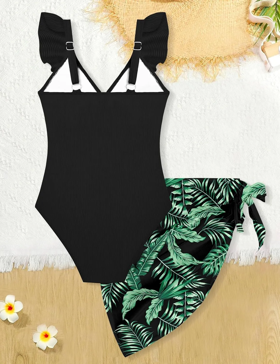 Girls One Piece Swimsuit Cut Out Ruffle Bathing Suit Twist V Neck Swimwear Solid Color with Cover Up Skirt 7-18T