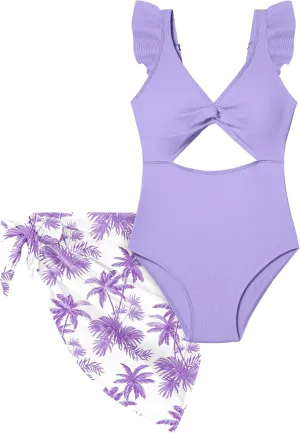 Girls One Piece Swimsuit Cut Out Ruffle Bathing Suit Twist V Neck Swimwear Solid Color with Cover Up Skirt 7-18T