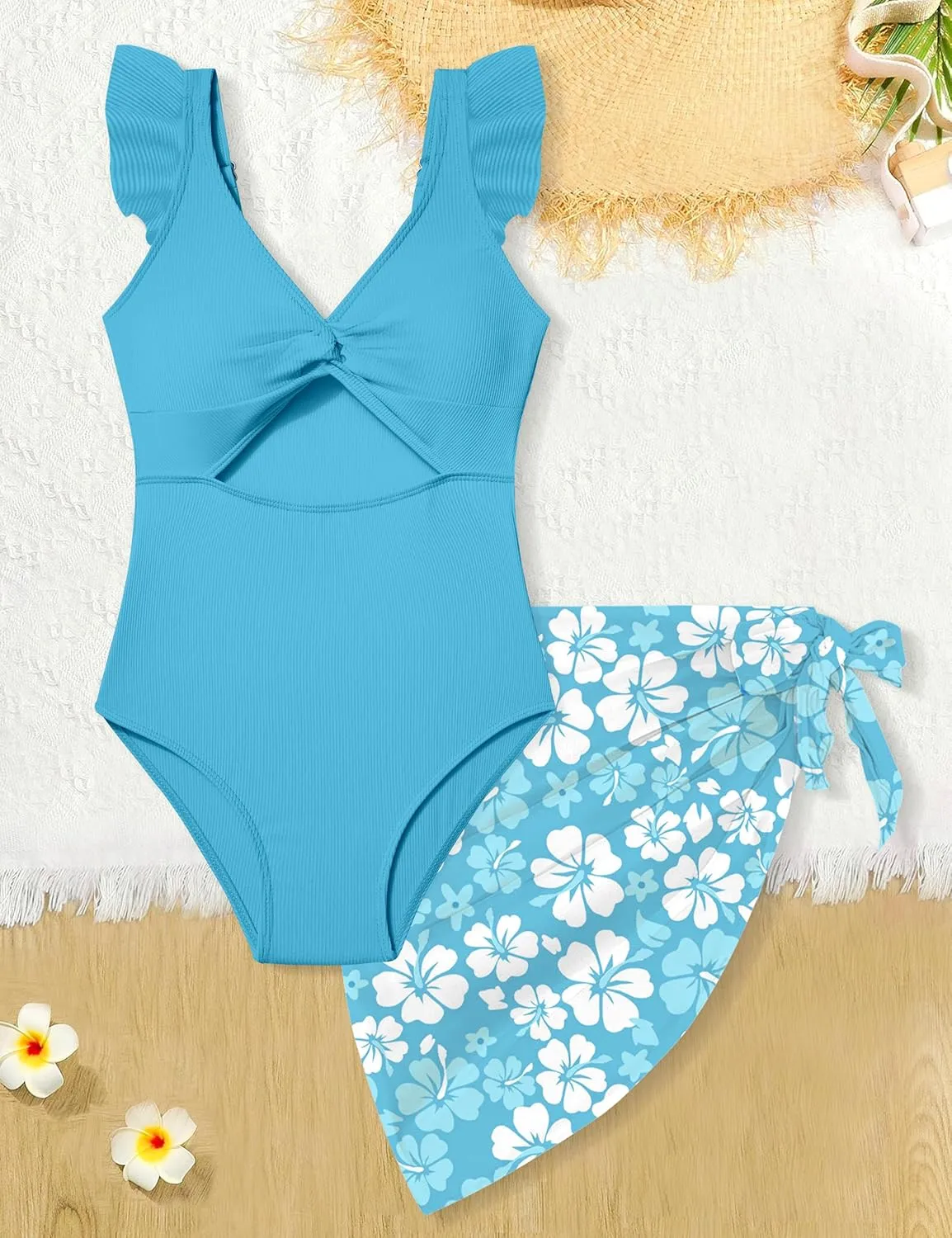 Girls One Piece Swimsuit Cut Out Ruffle Bathing Suit Twist V Neck Swimwear Solid Color with Cover Up Skirt 7-18T