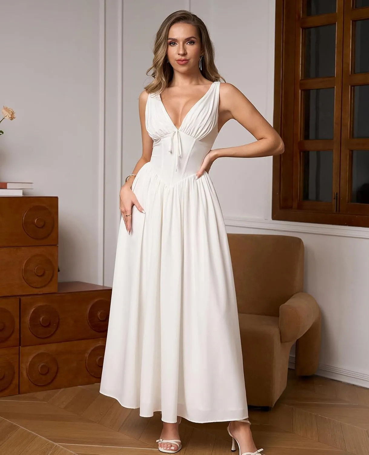 GLNEGE Women's Summer Corset Midi Milkmaid Dress Casual V Neck Flowy A Line Sundress Wedding Guest Dresses with Pockets 2025