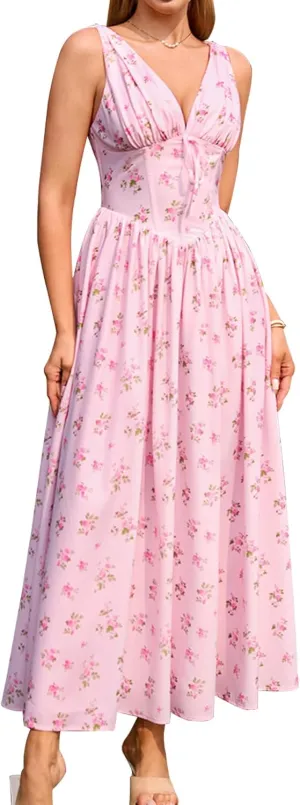 GLNEGE Women's Summer Corset Midi Milkmaid Dress Casual V Neck Flowy A Line Sundress Wedding Guest Dresses with Pockets 2025