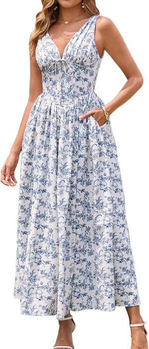 GLNEGE Women's Summer Corset Midi Milkmaid Dress Casual V Neck Flowy A Line Sundress Wedding Guest Dresses with Pockets 2025