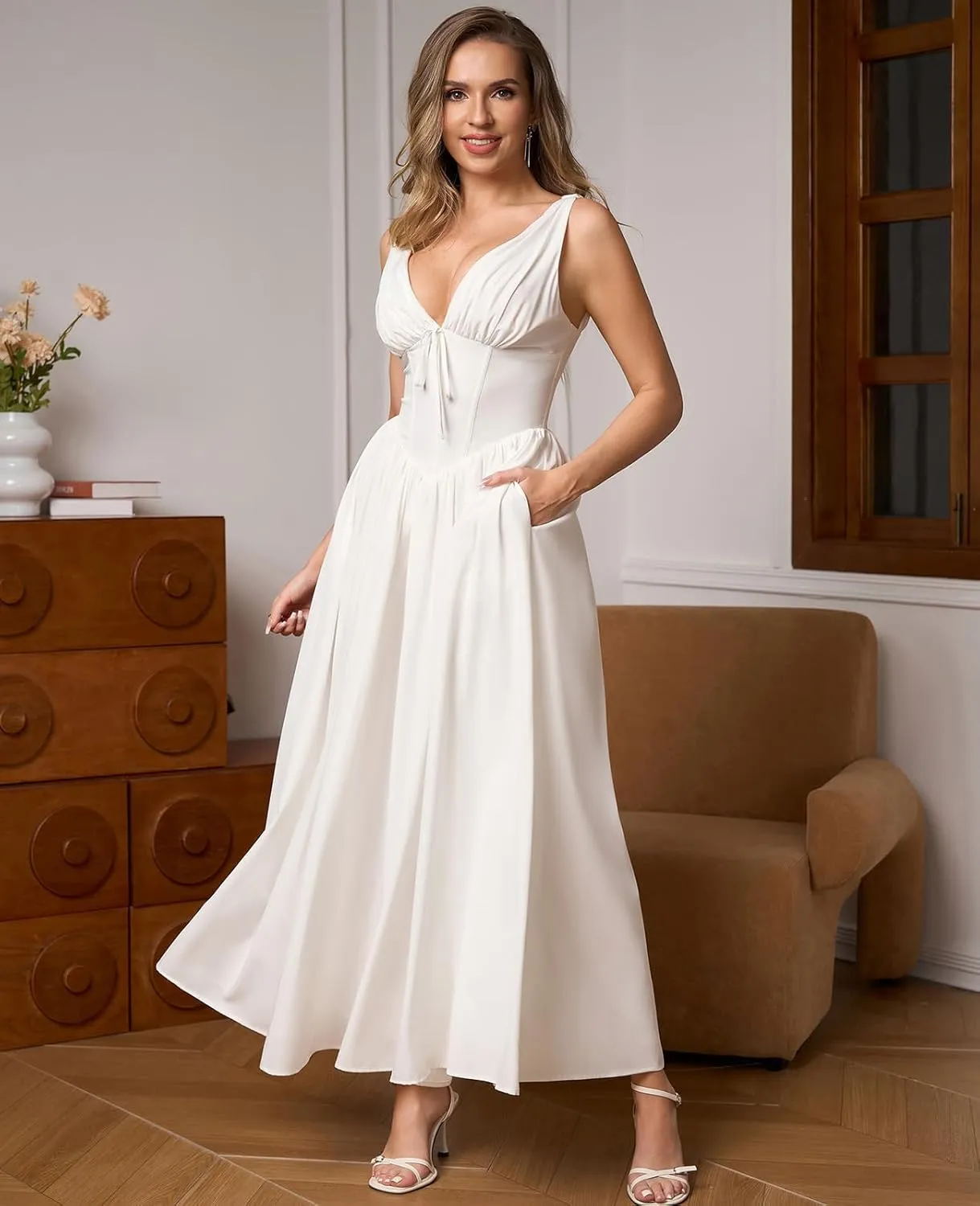 GLNEGE Women's Summer Corset Midi Milkmaid Dress Casual V Neck Flowy A Line Sundress Wedding Guest Dresses with Pockets 2025