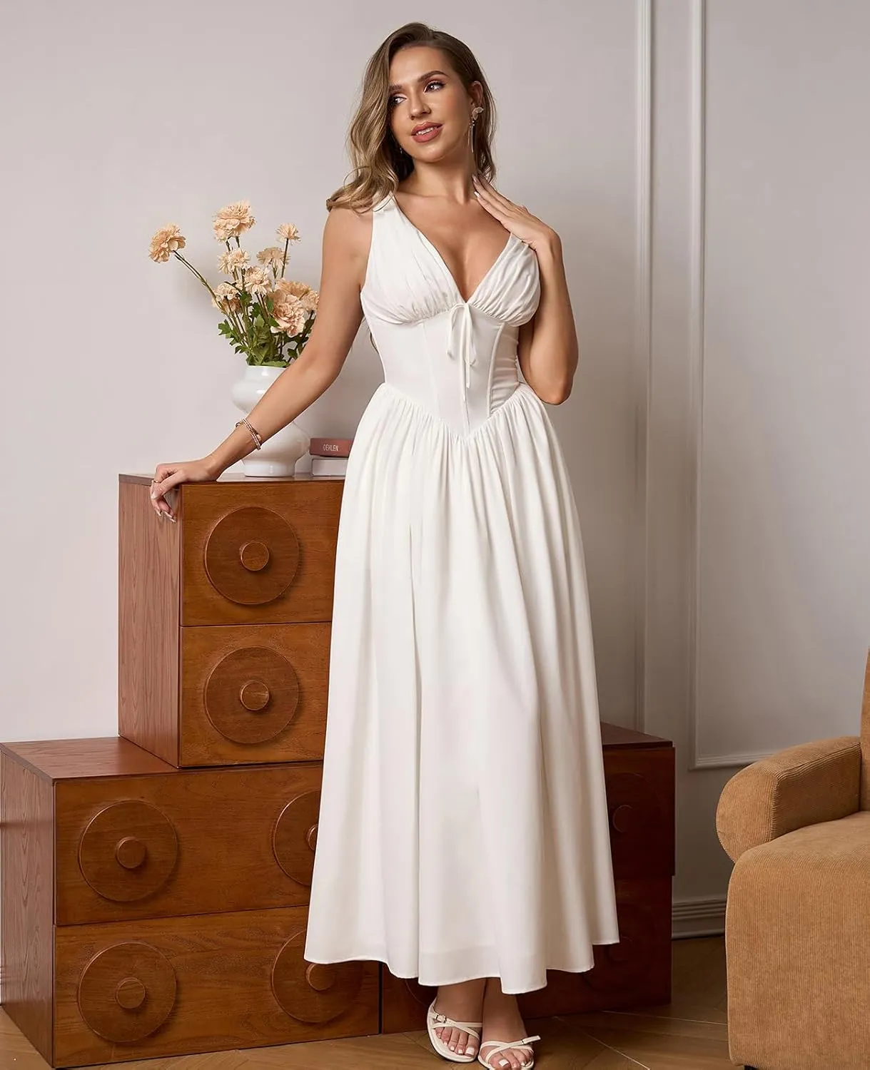 GLNEGE Women's Summer Corset Midi Milkmaid Dress Casual V Neck Flowy A Line Sundress Wedding Guest Dresses with Pockets 2025