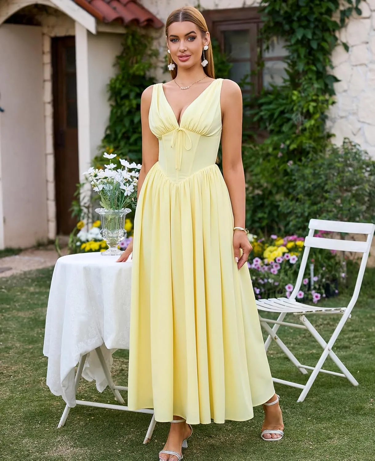GLNEGE Women's Summer Corset Midi Milkmaid Dress Casual V Neck Flowy A Line Sundress Wedding Guest Dresses with Pockets 2025