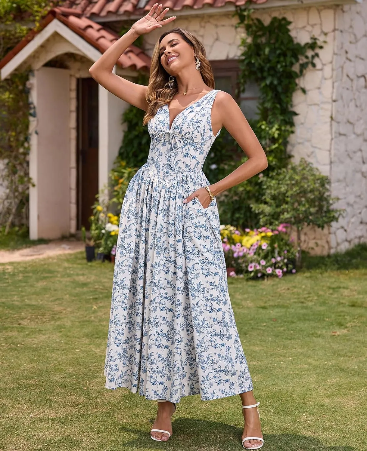 GLNEGE Women's Summer Corset Midi Milkmaid Dress Casual V Neck Flowy A Line Sundress Wedding Guest Dresses with Pockets 2025