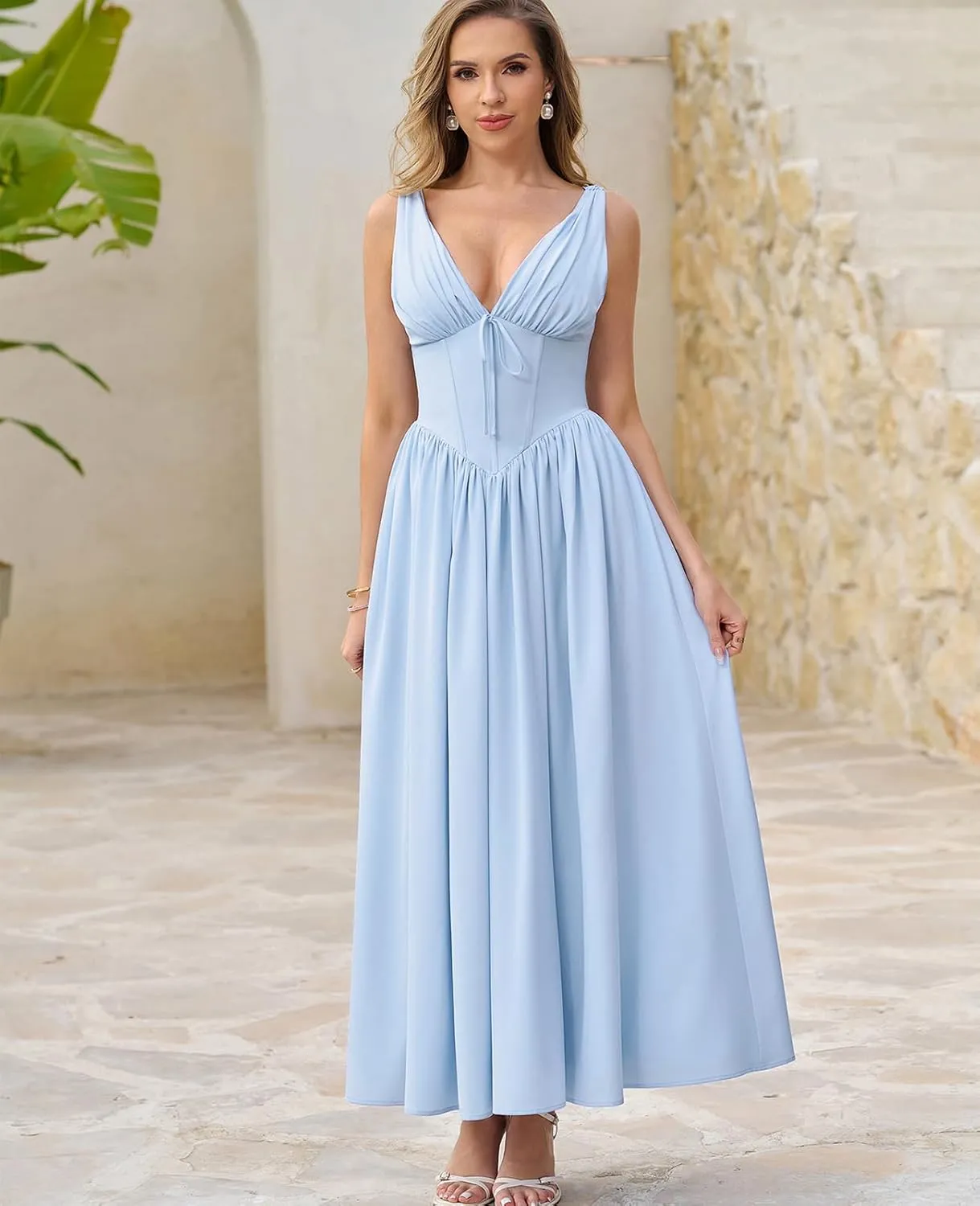 GLNEGE Women's Summer Corset Midi Milkmaid Dress Casual V Neck Flowy A Line Sundress Wedding Guest Dresses with Pockets 2025