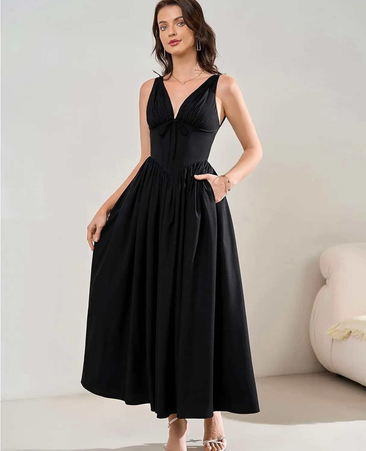 GLNEGE Women's Summer Corset Midi Milkmaid Dress Casual V Neck Flowy A Line Sundress Wedding Guest Dresses with Pockets 2025