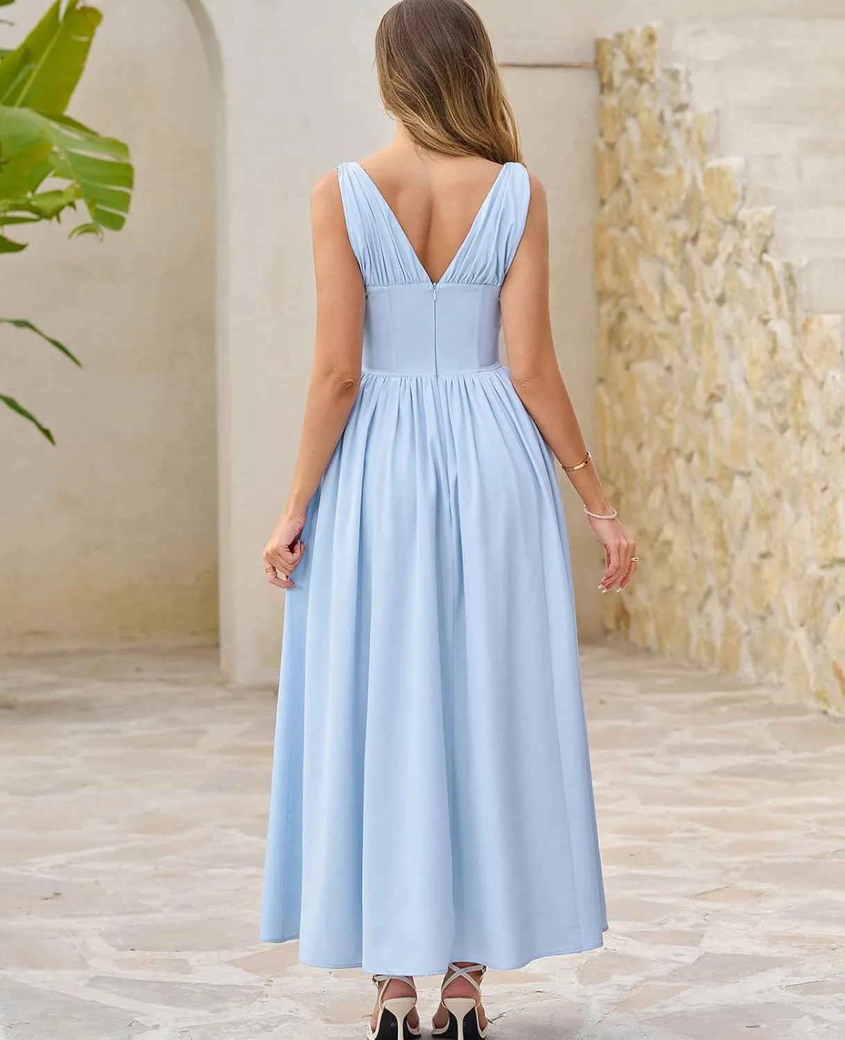 GLNEGE Women's Summer Corset Midi Milkmaid Dress Casual V Neck Flowy A Line Sundress Wedding Guest Dresses with Pockets 2025