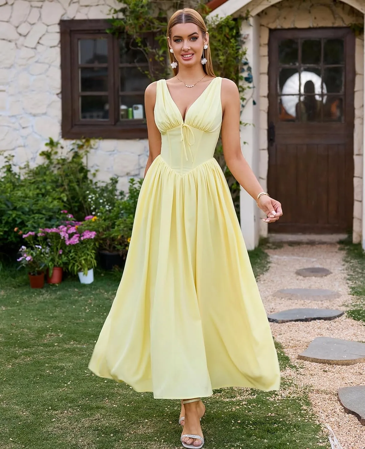GLNEGE Women's Summer Corset Midi Milkmaid Dress Casual V Neck Flowy A Line Sundress Wedding Guest Dresses with Pockets 2025