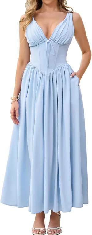 GLNEGE Women's Summer Corset Midi Milkmaid Dress Casual V Neck Flowy A Line Sundress Wedding Guest Dresses with Pockets 2025