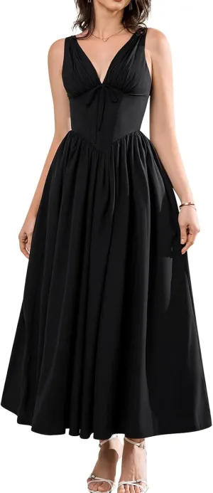 GLNEGE Women's Summer Corset Midi Milkmaid Dress Casual V Neck Flowy A Line Sundress Wedding Guest Dresses with Pockets 2025