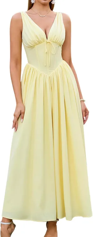 GLNEGE Women's Summer Corset Midi Milkmaid Dress Casual V Neck Flowy A Line Sundress Wedding Guest Dresses with Pockets 2025