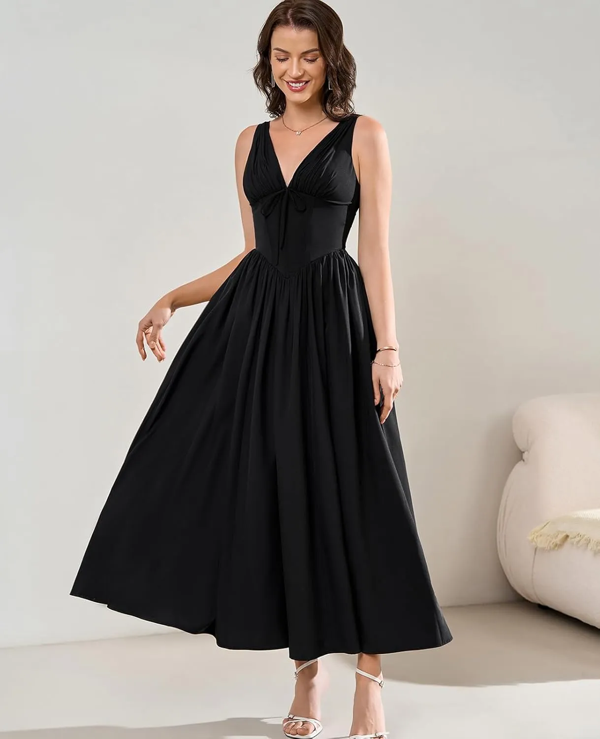 GLNEGE Women's Summer Corset Midi Milkmaid Dress Casual V Neck Flowy A Line Sundress Wedding Guest Dresses with Pockets 2025