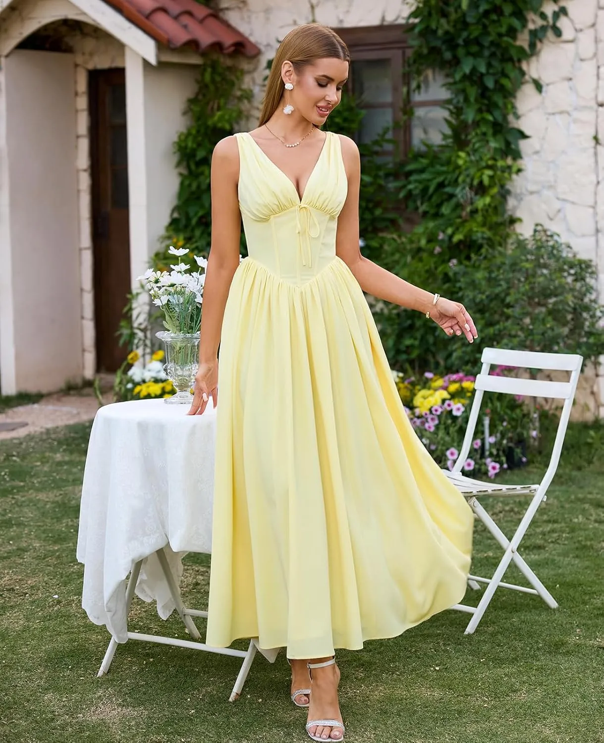GLNEGE Women's Summer Corset Midi Milkmaid Dress Casual V Neck Flowy A Line Sundress Wedding Guest Dresses with Pockets 2025