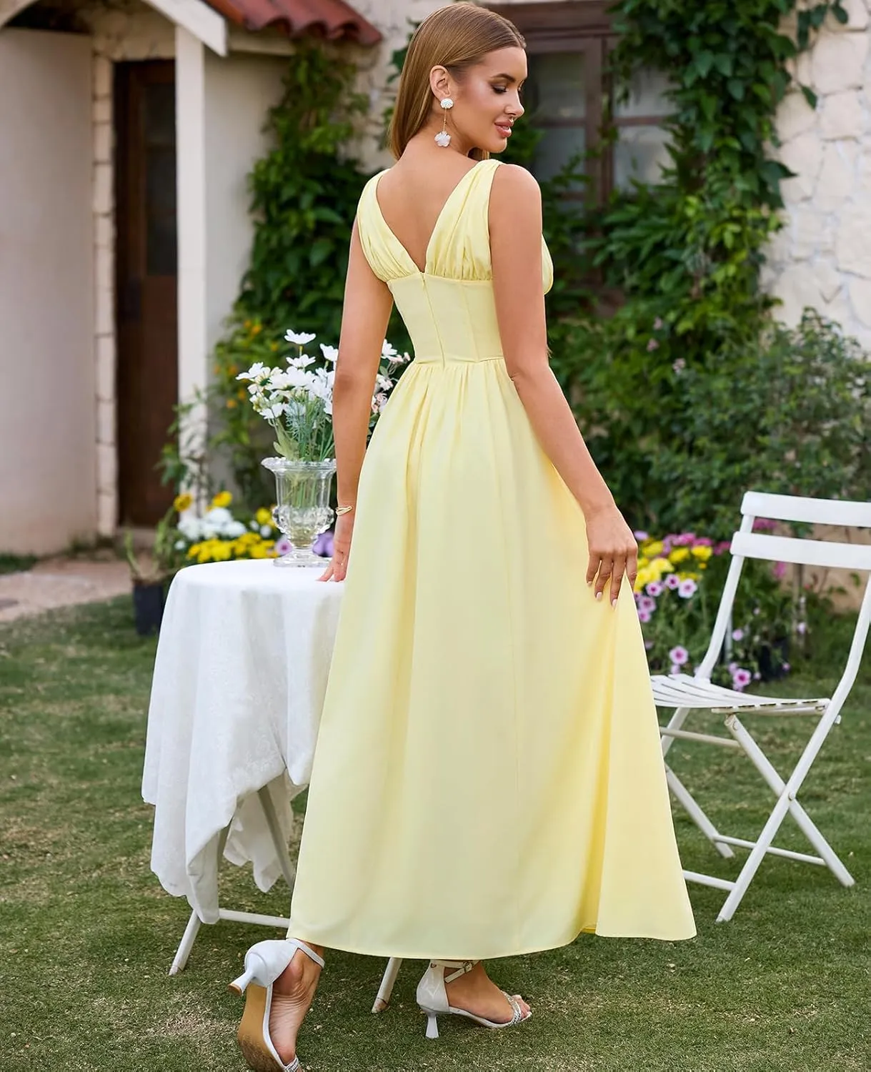 GLNEGE Women's Summer Corset Midi Milkmaid Dress Casual V Neck Flowy A Line Sundress Wedding Guest Dresses with Pockets 2025