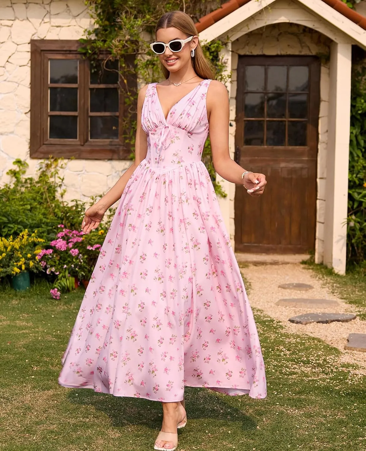 GLNEGE Women's Summer Corset Midi Milkmaid Dress Casual V Neck Flowy A Line Sundress Wedding Guest Dresses with Pockets 2025