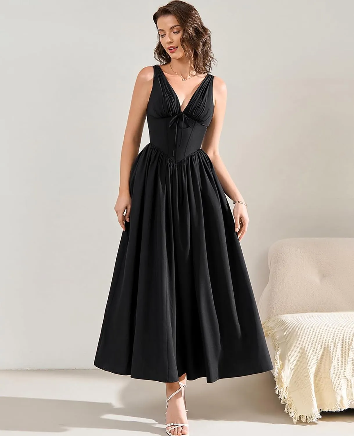GLNEGE Women's Summer Corset Midi Milkmaid Dress Casual V Neck Flowy A Line Sundress Wedding Guest Dresses with Pockets 2025