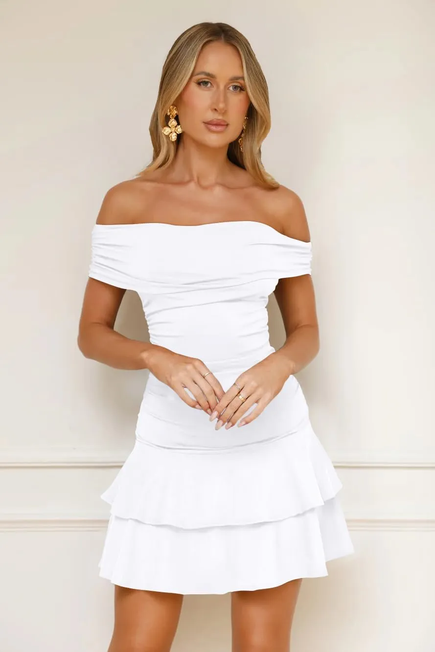 GOKATOSAU Women's Off Shoulder Folded Neck Tiered Ruffle Hem Bodycon Ruched Waist Mini Dress