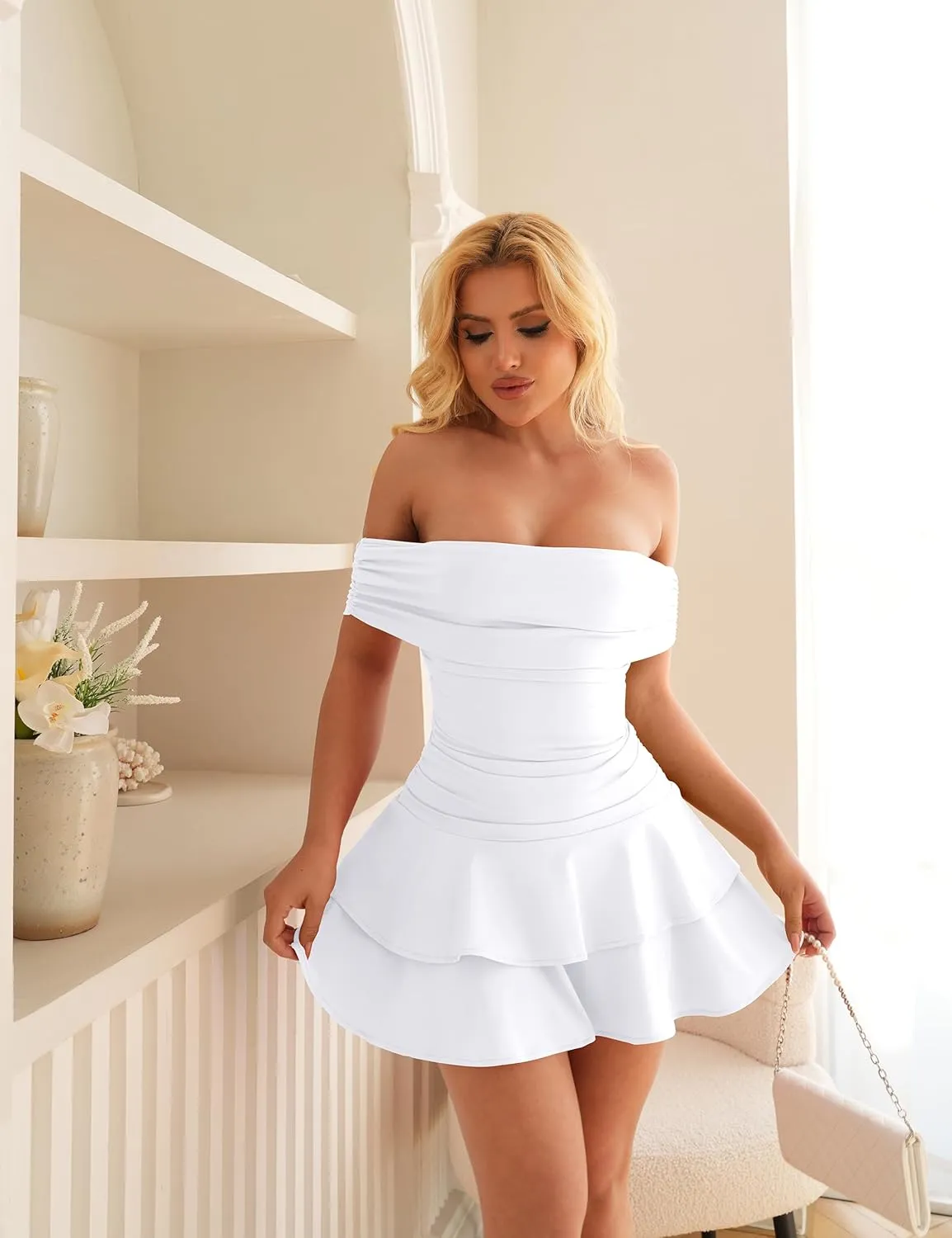 GOKATOSAU Women's Off Shoulder Folded Neck Tiered Ruffle Hem Bodycon Ruched Waist Mini Dress