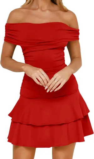 GOKATOSAU Women's Off Shoulder Folded Neck Tiered Ruffle Hem Bodycon Ruched Waist Mini Dress
