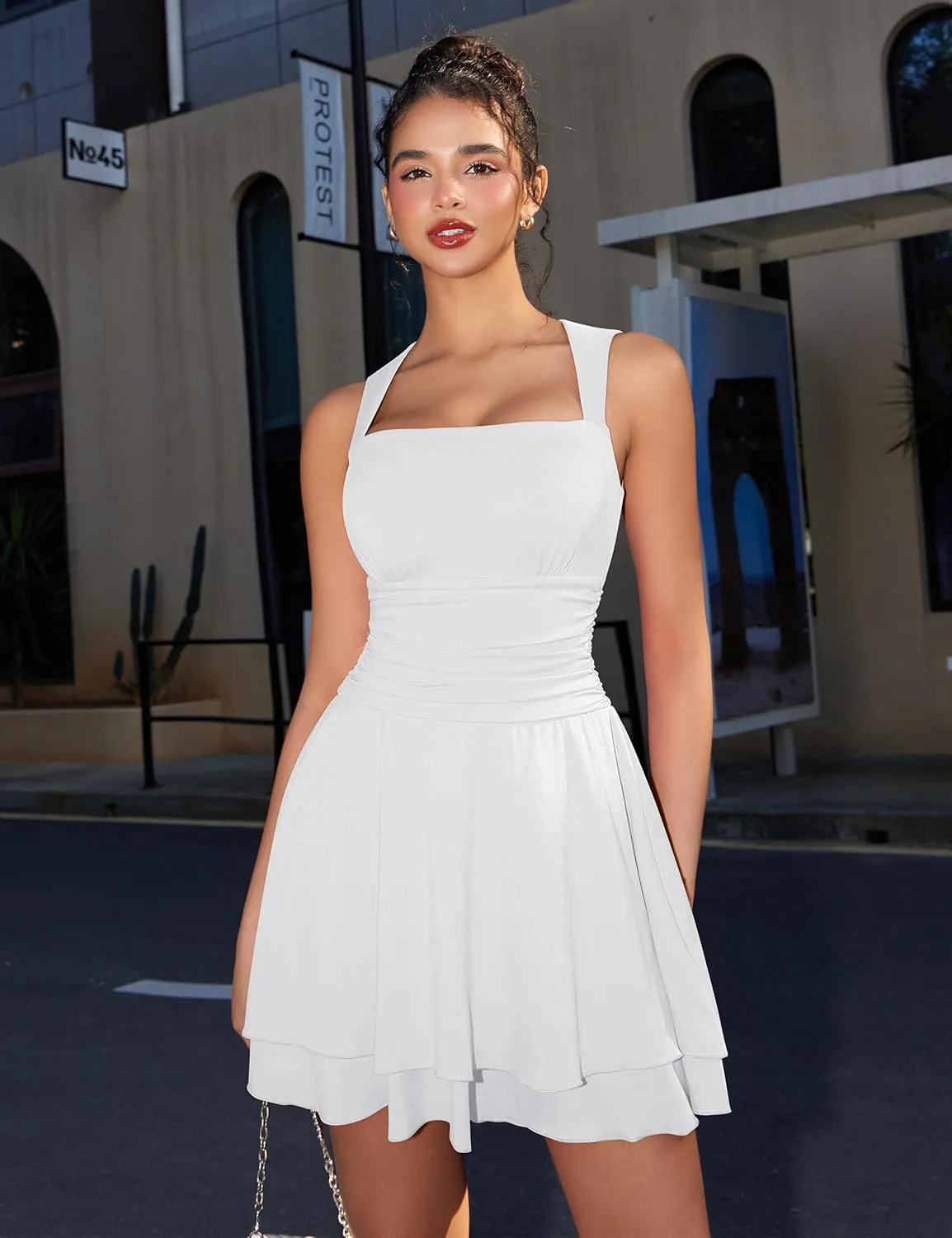 GOKATOSAU Women's Square Neck Sleeveless Bodycon Ruched Waist Flowy A-Line Ruffle Hem Mini Dress