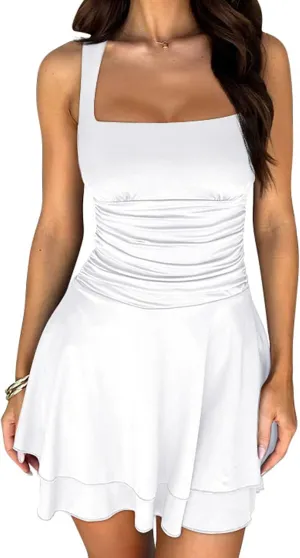GOKATOSAU Women's Square Neck Sleeveless Bodycon Ruched Waist Flowy A-Line Ruffle Hem Mini Dress