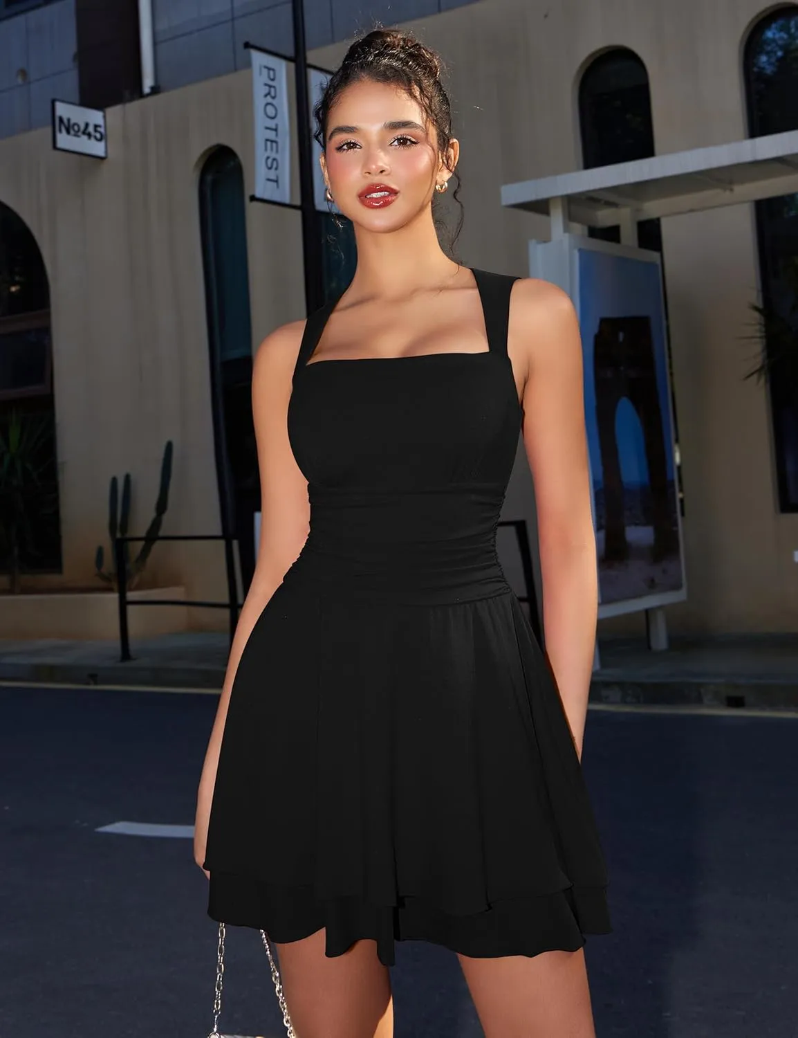 GOKATOSAU Women's Square Neck Sleeveless Bodycon Ruched Waist Flowy A-Line Ruffle Hem Mini Dress