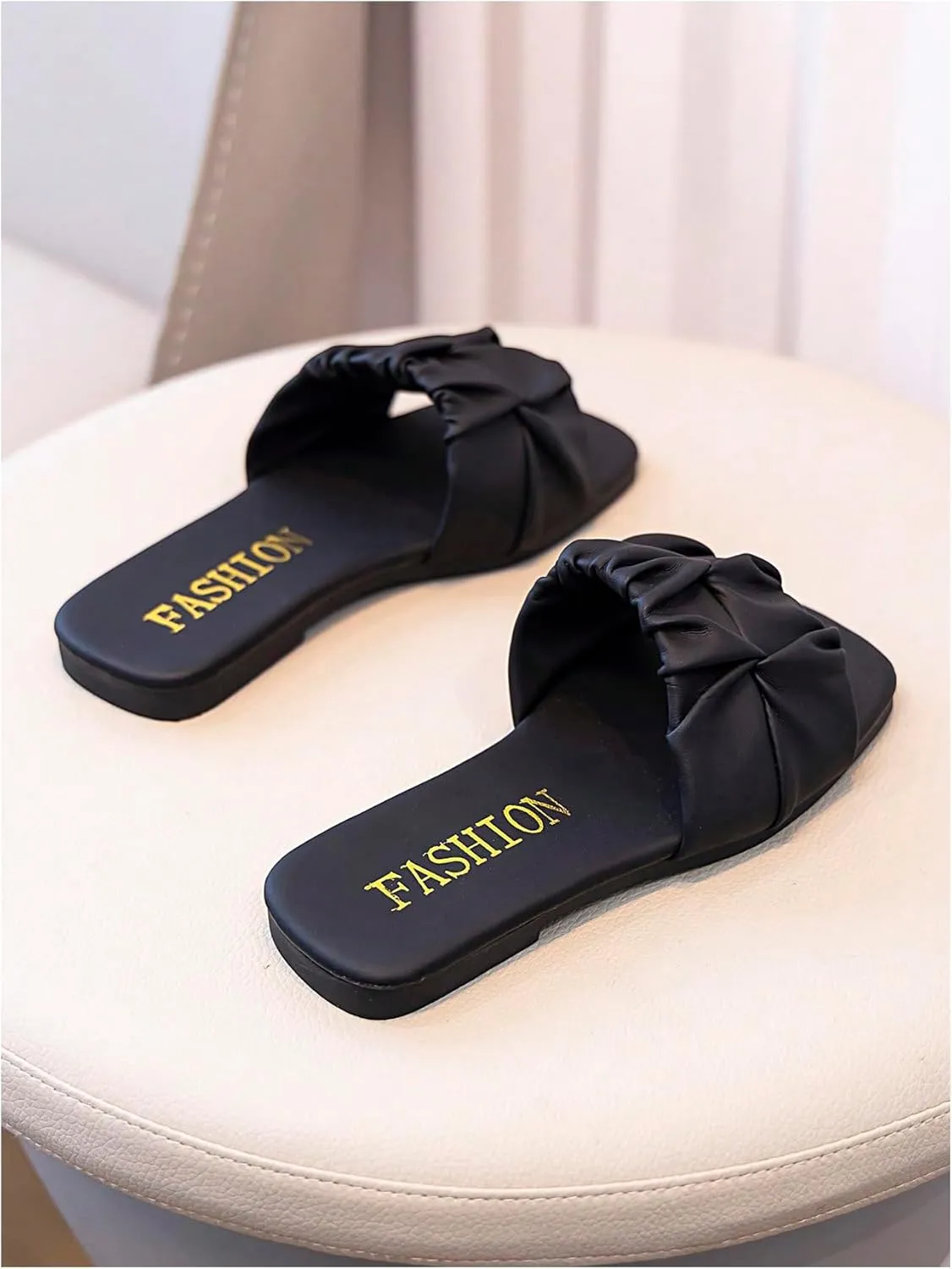 GORGLITTER Girl's Ruched Single Band Chic Flats Square Open Toe Pu Leather Slide Sandals