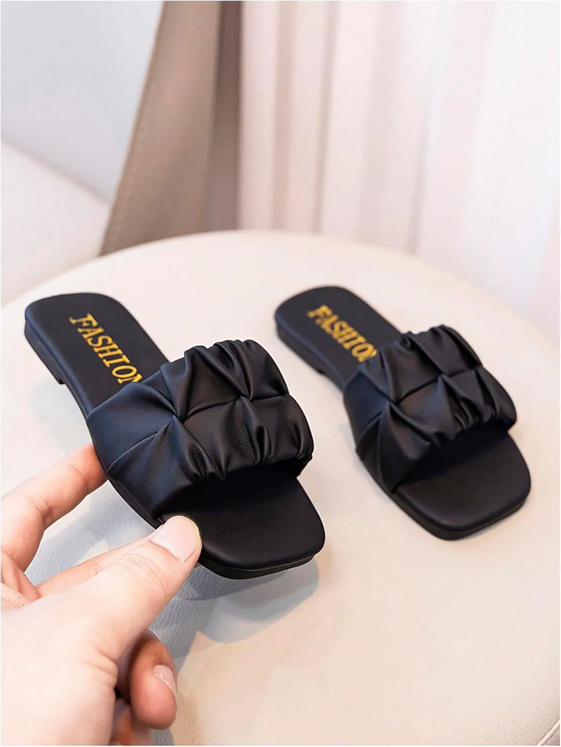 GORGLITTER Girl's Ruched Single Band Chic Flats Square Open Toe Pu Leather Slide Sandals