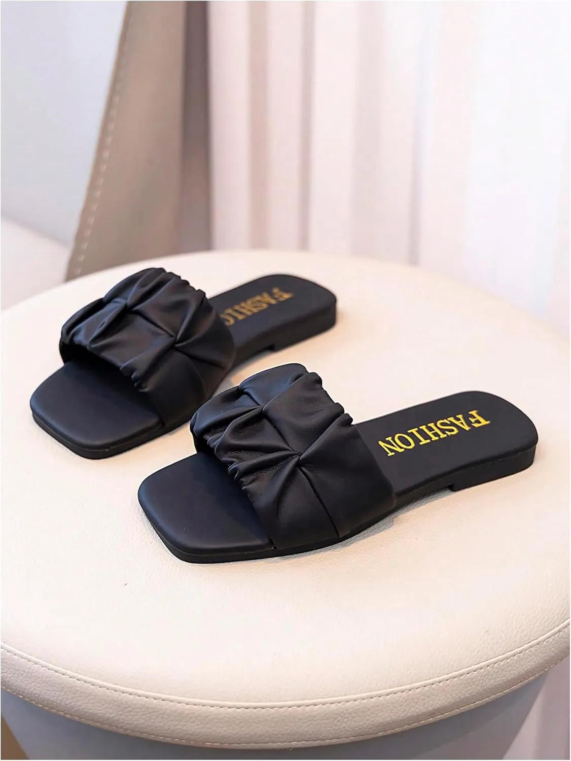 GORGLITTER Girl's Ruched Single Band Chic Flats Square Open Toe Pu Leather Slide Sandals