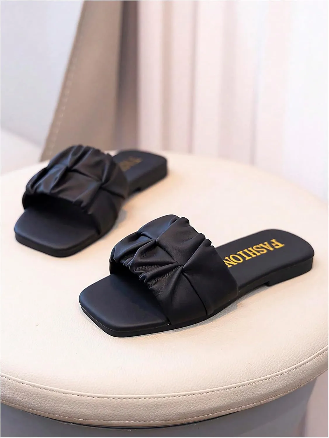 GORGLITTER Girl's Ruched Single Band Chic Flats Square Open Toe Pu Leather Slide Sandals