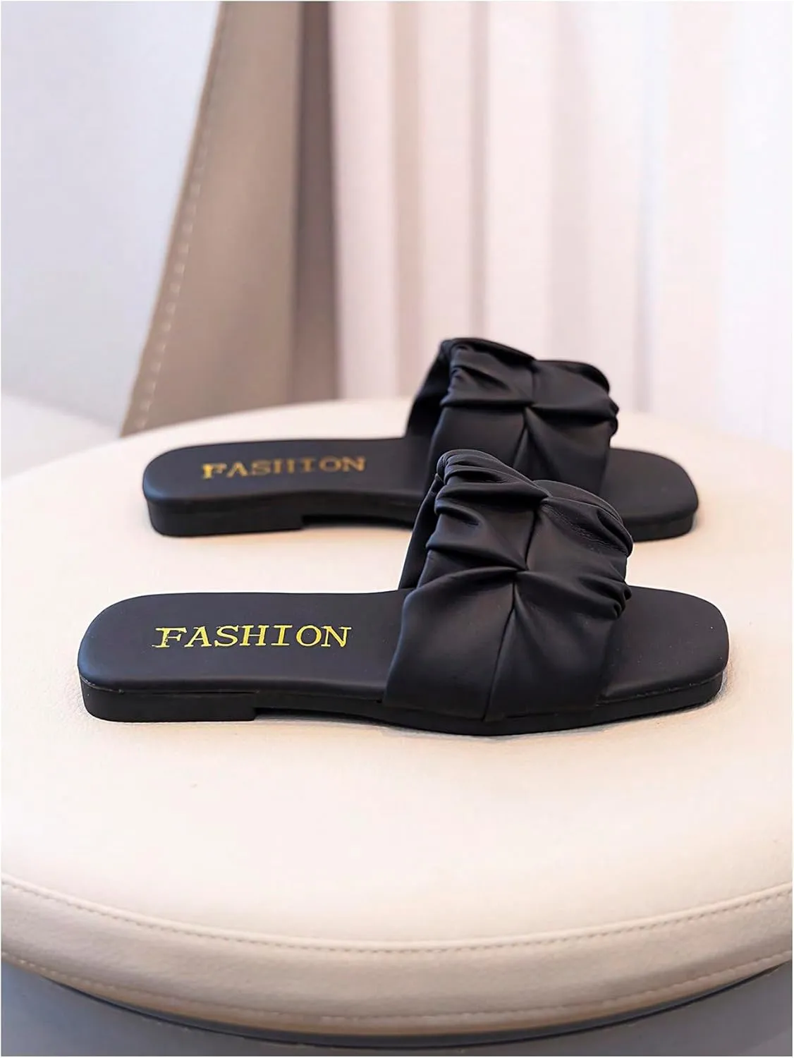 GORGLITTER Girl's Ruched Single Band Chic Flats Square Open Toe Pu Leather Slide Sandals