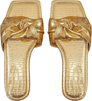 GORGLITTER Women's Gold Flat Sandals Square Toe Metallic Ruched Summer Dressy Cute Slide Shoes
