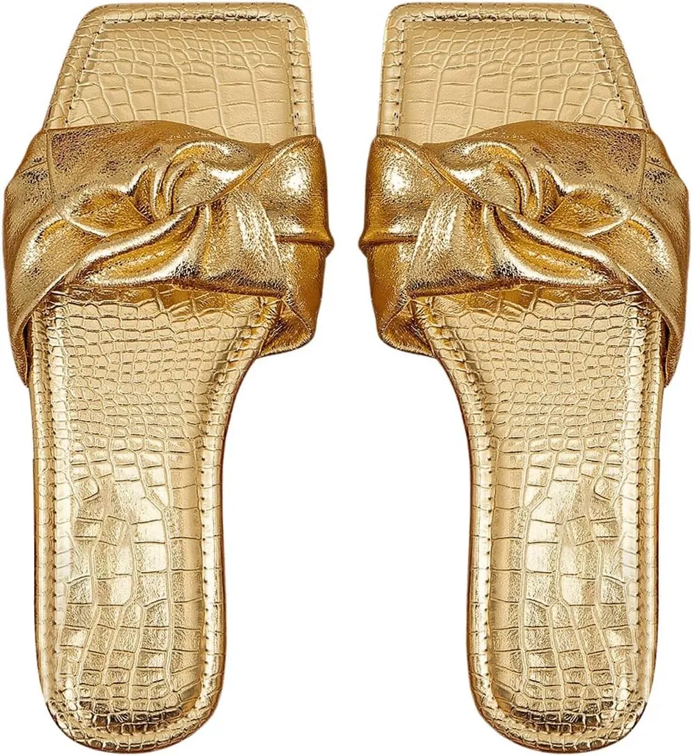 GORGLITTER Women's Gold Flat Sandals Square Toe Metallic Ruched Summer Dressy Cute Slide Shoes