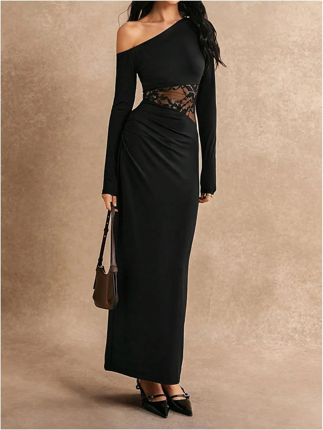GORGLITTER Women's Lace One Shoulder Bodycon Maxi Dress Ruched Long Sleeve Asymmetrical Neck Long Patchwork Dresses