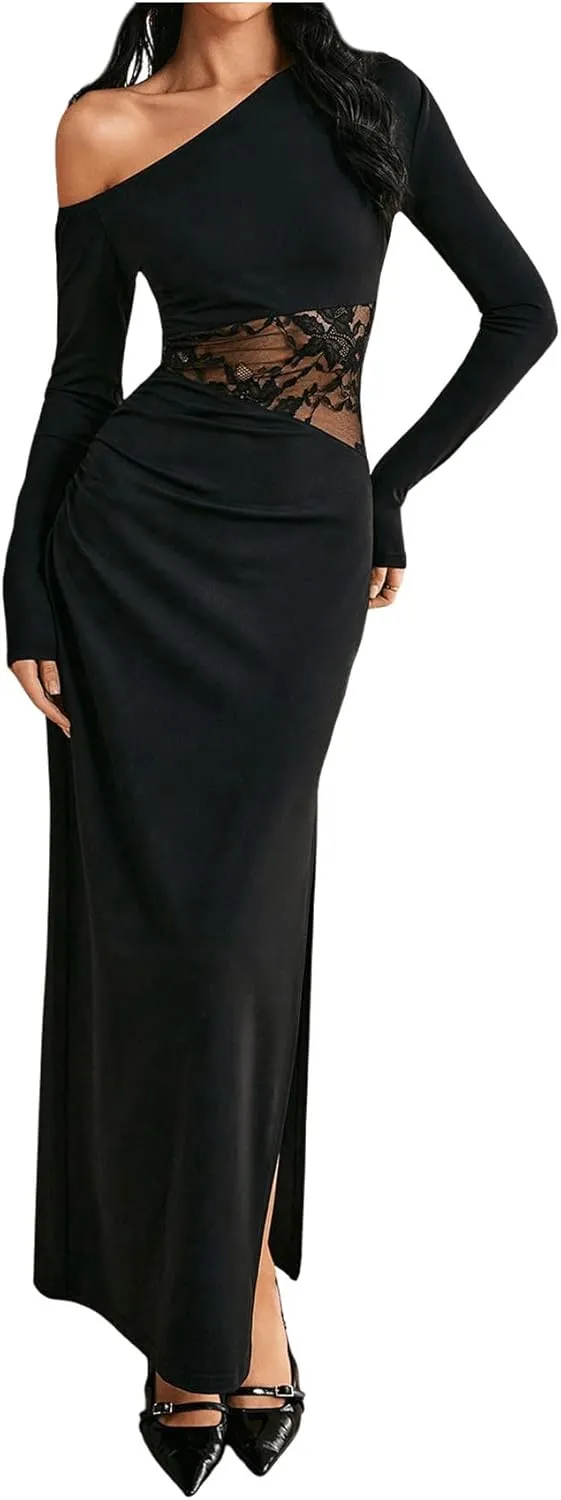 GORGLITTER Women's Lace One Shoulder Bodycon Maxi Dress Ruched Long Sleeve Asymmetrical Neck Long Patchwork Dresses