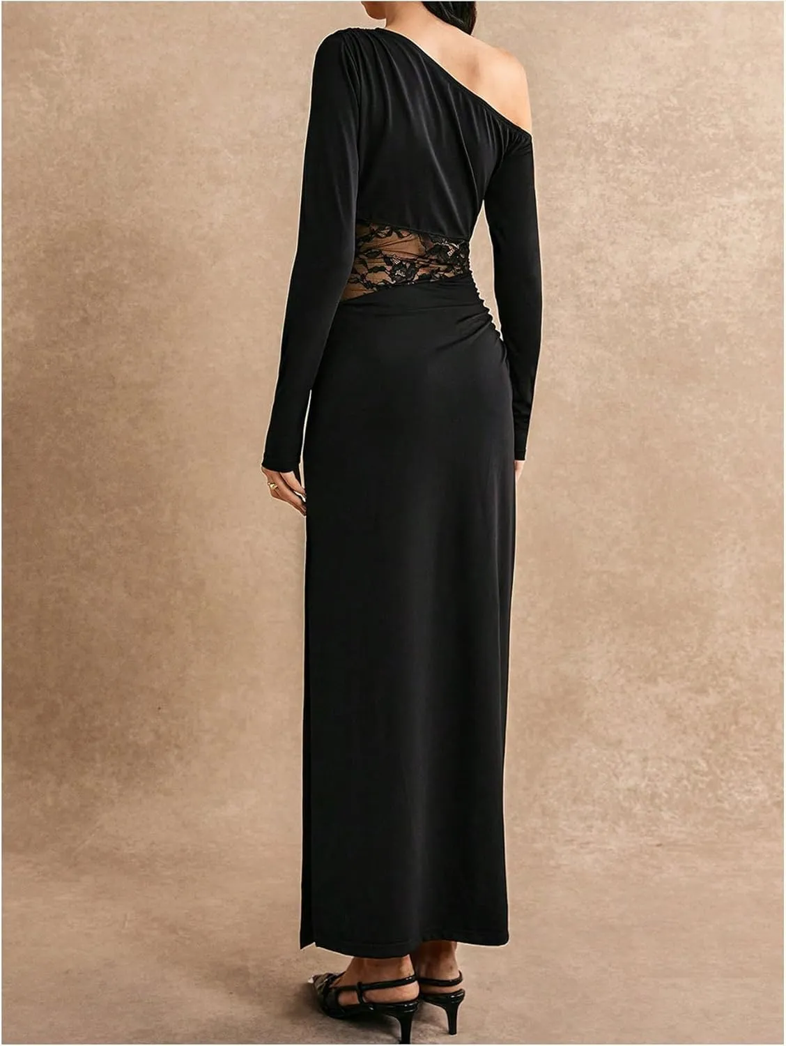 GORGLITTER Women's Lace One Shoulder Bodycon Maxi Dress Ruched Long Sleeve Asymmetrical Neck Long Patchwork Dresses