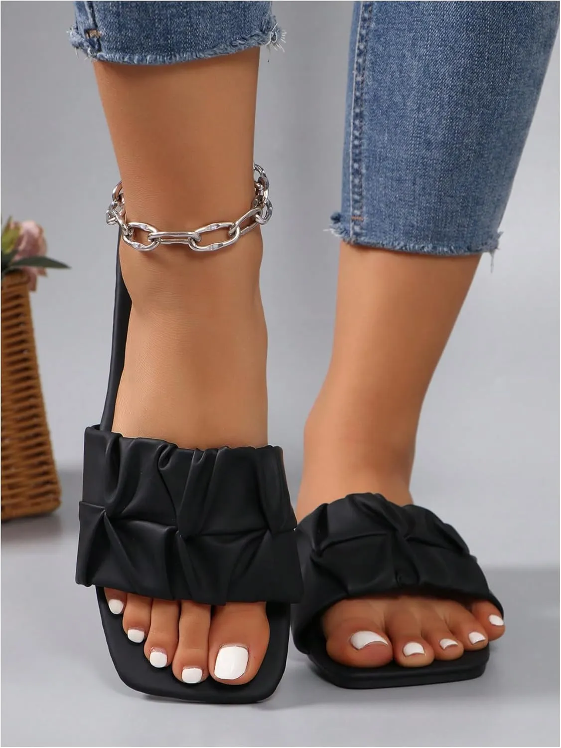GORGLITTER Women's Ruched Square Toe Sandals Trendy Vacation Shoes