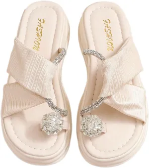 GORGLITTER Women's Summer Beach Flat Cute Sandals 2025 Sparkly Rhinestone Twist Band Shoes