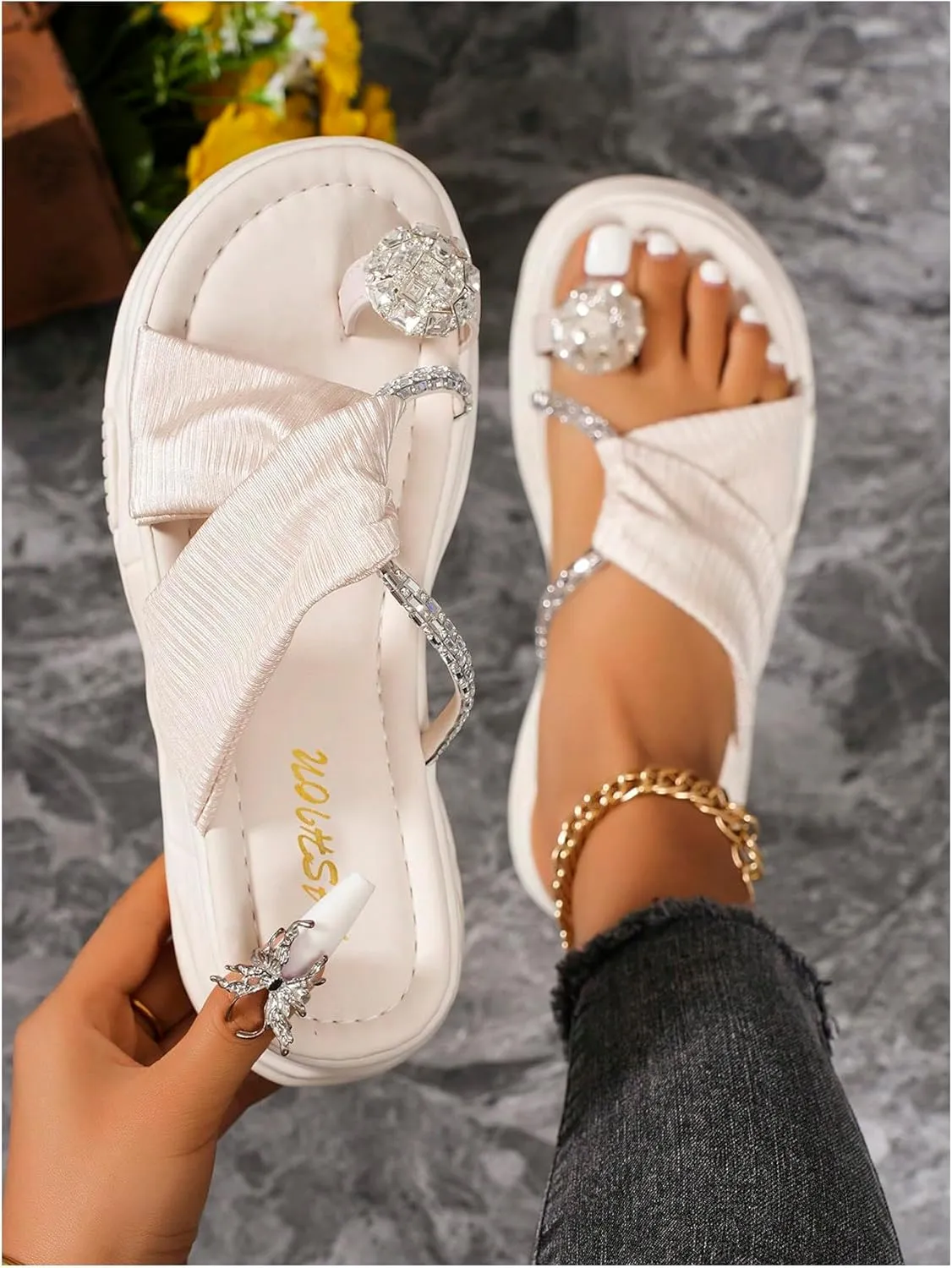 GORGLITTER Women's Summer Beach Flat Cute Sandals 2025 Sparkly Rhinestone Twist Band Shoes