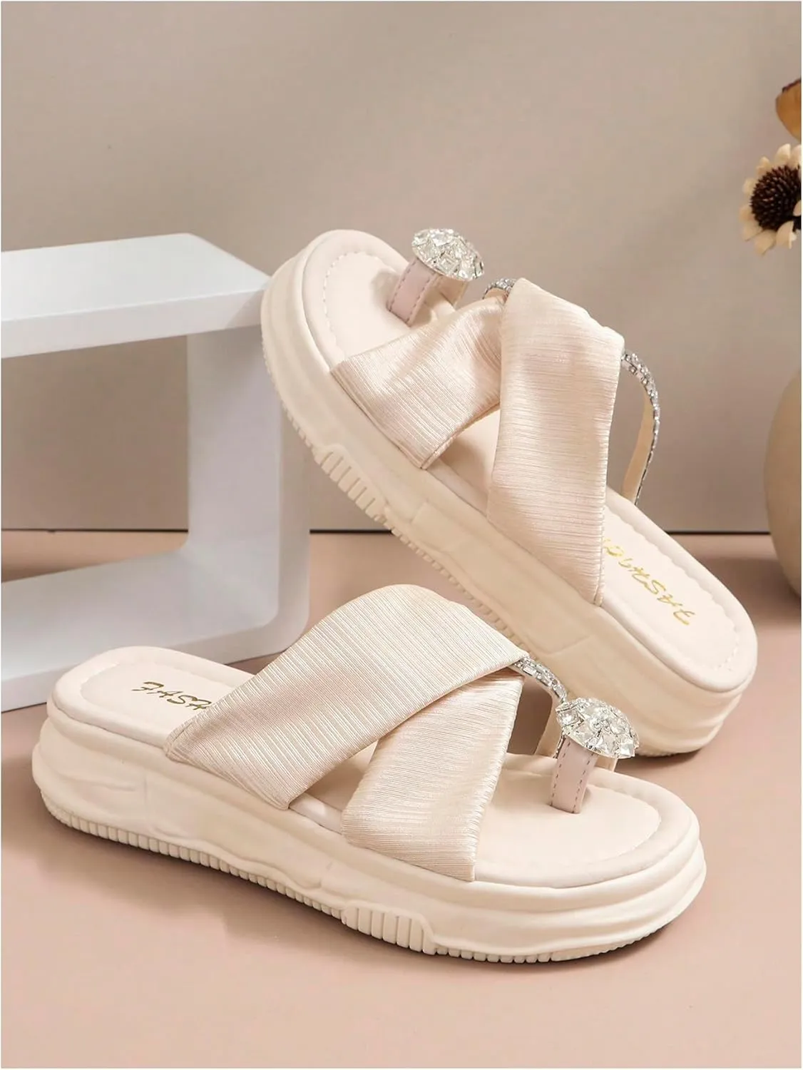 GORGLITTER Women's Summer Beach Flat Cute Sandals 2025 Sparkly Rhinestone Twist Band Shoes